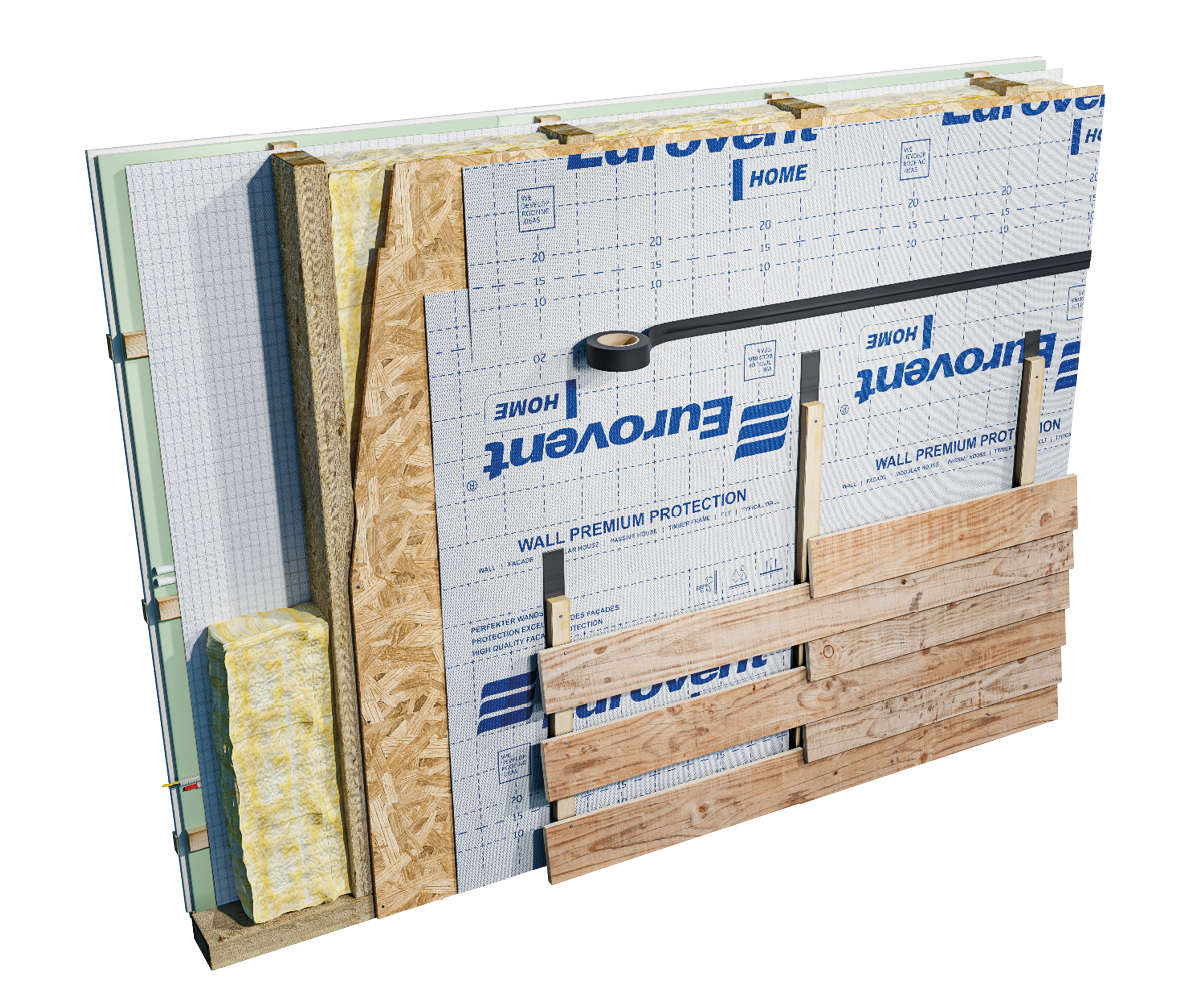 Eurovent® HOME – montáž větroizolační membrány na dřevěné rámové stěně, uzavřená větraná fasáda