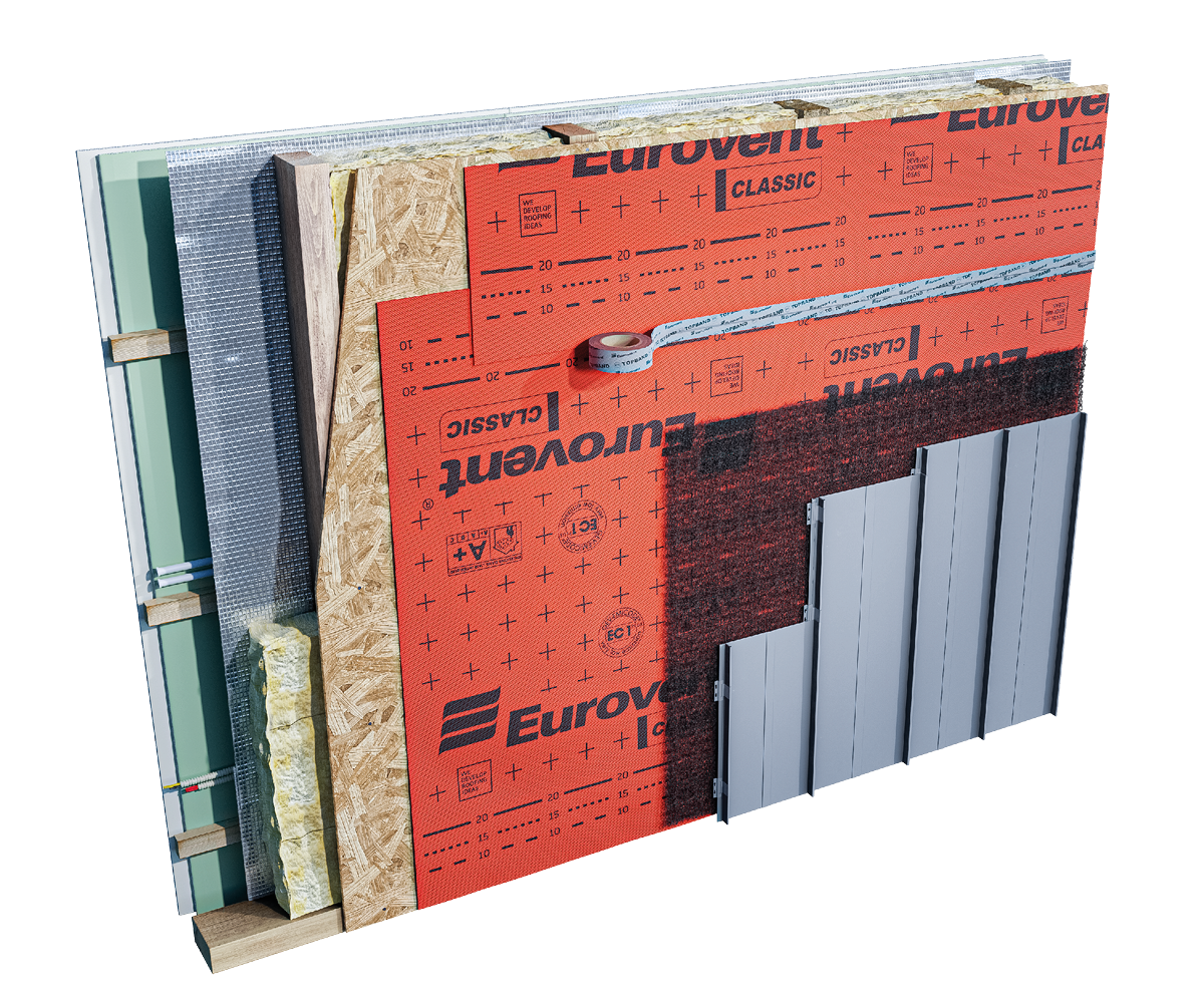 Eurovent® MATT — Drainage- und Trennmatte unter einer metallischen Stehfalzfassade